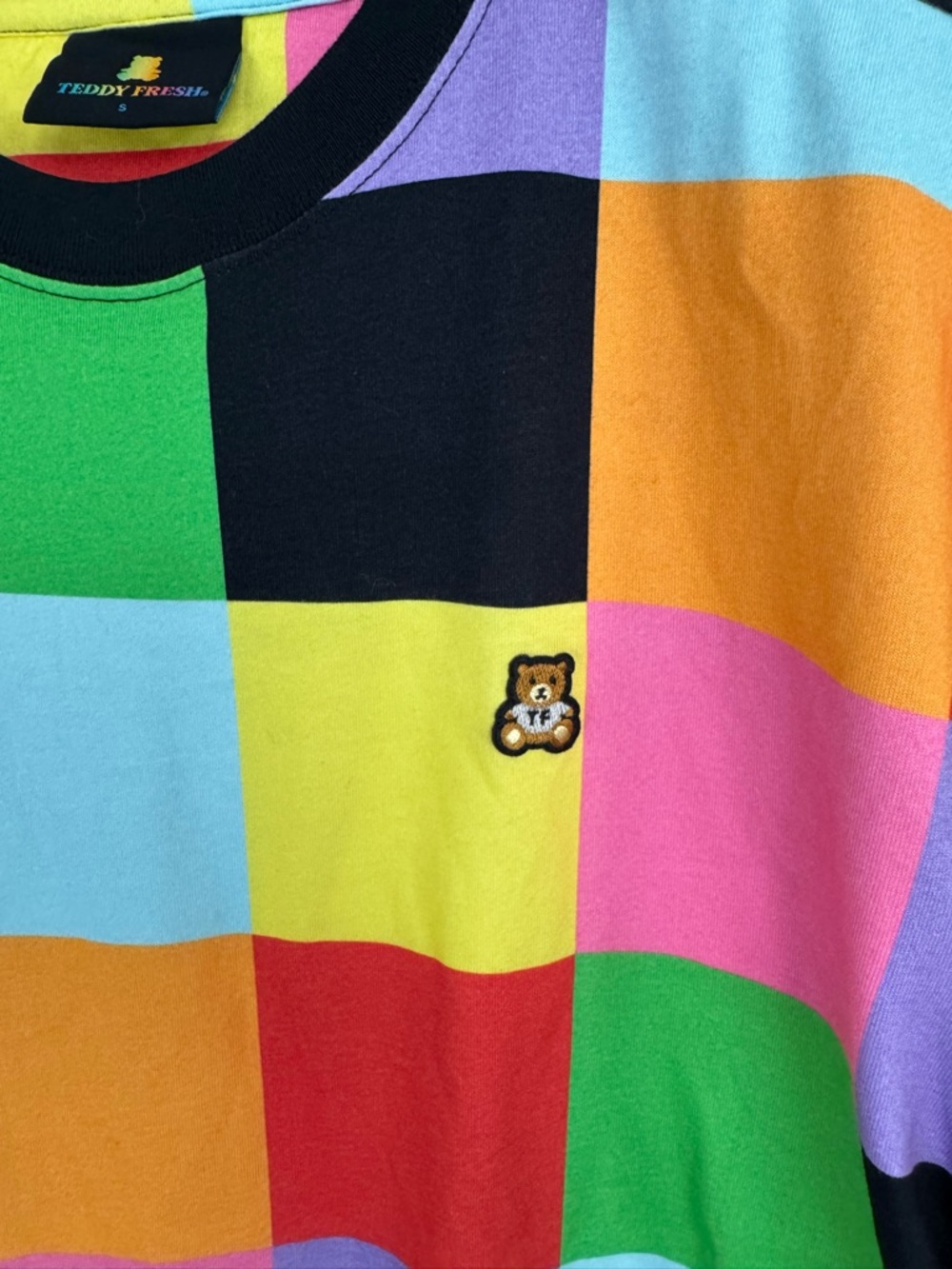 Teddy Fresh Colorblock Patchwork Tee Rainbow Checkerboard Streetwear S - Picture 2 of 9
